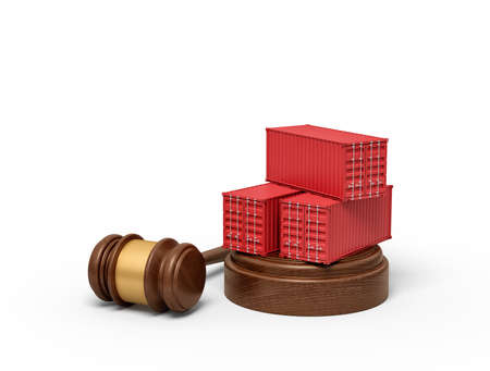 3d rendering of red cargo containers on round wooden block and brown wooden gavel. Digital art. Objects and materials. Storage and warehousing.の写真素材