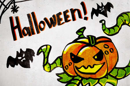 3d rendering of cartoon evil pumpkin with bats and Halloween sign on white backgroundの写真素材