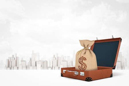 3d rendering of brown retro suitcase with money bag inside on white city skyscrapers backgroundの写真素材