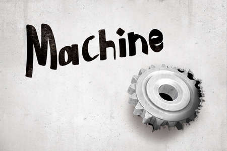3d rendering of concrete wall with title Machine and metal cog wheel that has broken hole in the...