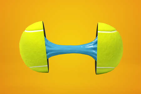 3d rendering of yellow tennis ball broken in two parts with blue sticky slime inside on yellow backgroundの写真素材