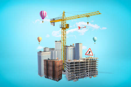 3d rendering of construction crane, city skyscrapers and hot air balloons on blue backgroundの写真素材