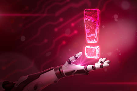 Robotic hand and exclamation mark on neon pink backgroundの写真素材