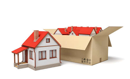 3d rendering of detached houses in carton box.の写真素材