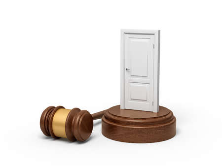 3d rendering of white doorway on round wooden block and brown wooden gavelの写真素材