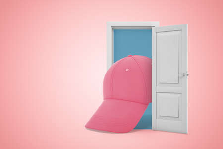 3d rendering of pink baseball cap emerging from white door on pink copys space background.の写真素材