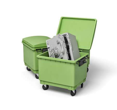 3d rendering of two green trash cans, front can open with bent and broken metal safe inside.の写真素材