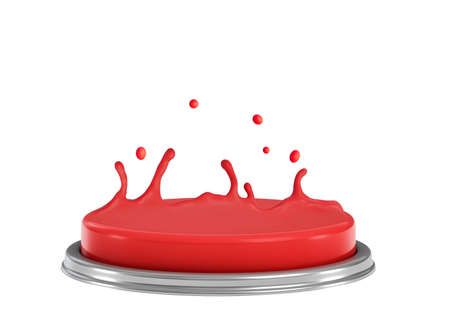 3d side close-up rendering of red alarm button melting on top, melted plastic heading upwards as if levitated, isolated on white background.の写真素材