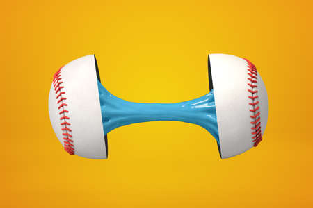3d rendering of baseball ball broken in two parts with blue sticky slime inside on yellow backgroundの写真素材