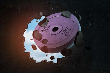 3d closeup rendering of 25 kg weight plate breaking hole in black wall with blue sky seen through hole.の写真素材