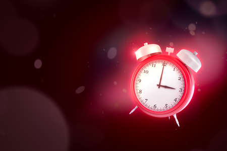 3d rendering of red alarm clock on dark neon backgroundの写真素材