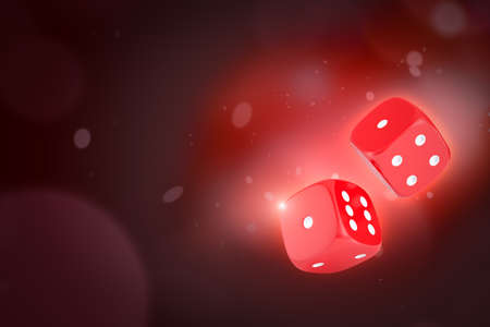 3d rendering of two red casino dice on dark neon backgroundの写真素材