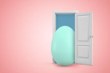 3d rendering of open door on pink gradient copyspace background and big light-blue egg standing in doorway.の写真素材