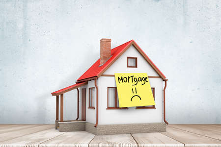 3d rendering of a private white house with red roof on white wooden floor and yellow Mortgage note...