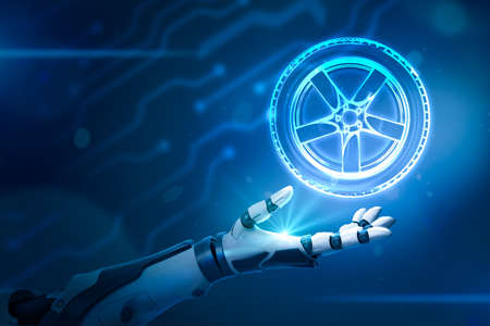 Robotic hand with car wheel tyre on neon blue backgroundの写真素材