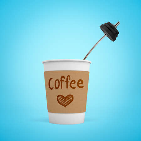 3d rendering of paper coffee cup with metal training bar-bell inside on blue backgroundの写真素材