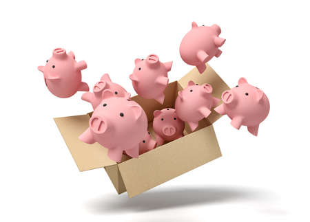 3d rendering of cardboard box lying sidelong full of pink ceramic piggy banks.の写真素材