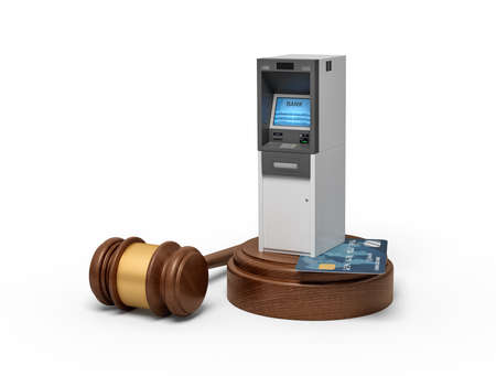 3d rendering of brown wooden gavel with ATM machine and bank card on round wooden block.の写真素材