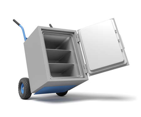3d rendering of open big light-grey metal safe on blue hand truck.の写真素材