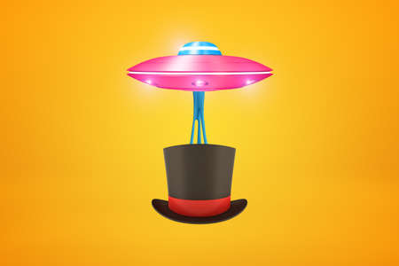 3d rendering of pink UFO carrying black tophat with red ribbon below it on amber background. High tech. Graphic design. Accessories.の写真素材