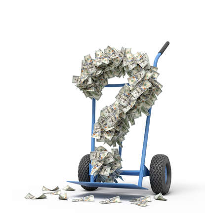 3d rendering of hand truck standing in half-turn with question mark made up of dollar banknotes on it.の写真素材