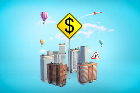 3d rendering of gigantic yellow square road sign with dollar symbol rising amid high-rise buildings on blue background.の写真素材