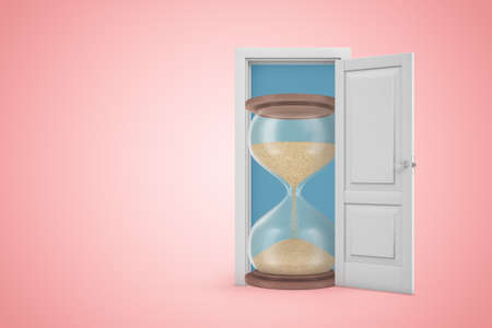 3d rendering of open door on gradient pink copy space background and big sandglass standing in...