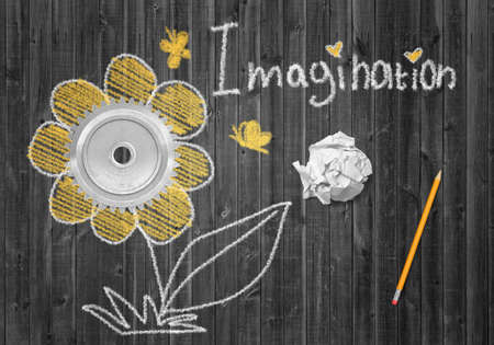 3d rendering of wooden background with picture of flower and word Imagination.の写真素材