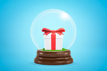 3d rendering of christmas snow globe with gift box inside on blue backgroundの写真素材