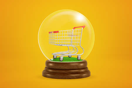 3d rendering of empty supermarket trolley inside glass ball globe on amber background.の写真素材