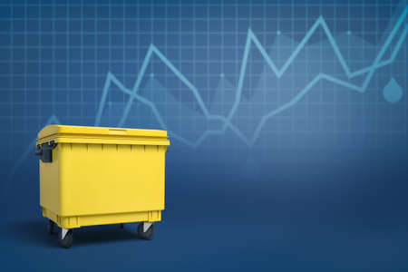 3d rendering of closed yellow trash can against blue background with line graphs and copy space.の写真素材