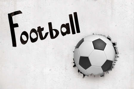 3d rendering of football ball breaking white wall with black Football signの写真素材