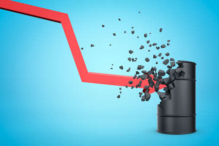 3d rendering of red graph arrow that goes down, hits and breaks black oil barrel, on light blue gradient background.の写真素材