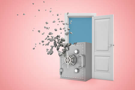 3d rendering of grey metal bank safe shattering into pieces in white open doorway on pink backgroundの写真素材