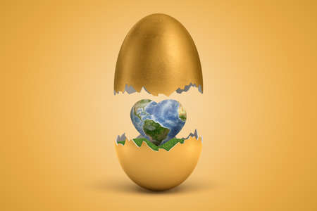 3d rendering of gold egg cracked in two, upper half levitating in air, small heart-shaped Earth on green grass inside lower half.の写真素材