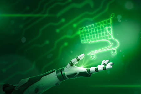 Robotic hand holding shopping cart on neon green backgroundの写真素材