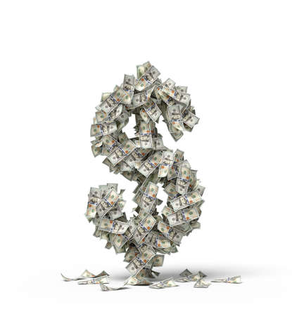 3d rendering of big dollar sign made of banknotesの写真素材