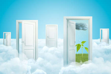 3d rendering of five doors standing on fluffy clouds, one door leading to green sprout on field under rainy cloud in sky.の写真素材