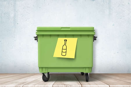 3d rendering of green trash can standing on wooden floor, yellow note with hand-drawn bottle stuck onto can.の写真素材