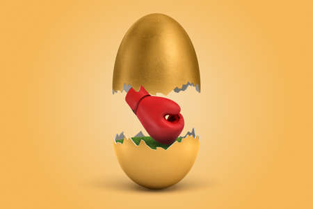 3d rendering of red boxing glove hatching out of broken golden egg on yellow backgroundの写真素材