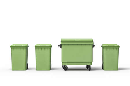 3d rendering of four green trash cans standing in rowの写真素材