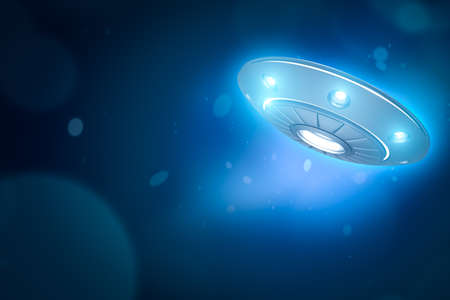 3d rendering of UFO with glowing lights on blue bokeh background with copy space.の写真素材