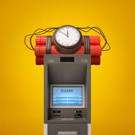 3d rendering of red dynamite stick time bomb on top of ATM machine on yellow backgroundの写真素材