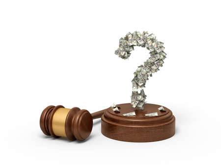 3d rendering of question mark formed with dollar banknotes standing on sounding block with gavel beside.の写真素材