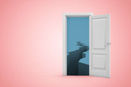 3d rendering of open door on pink gradient copyspace background with cold dark ice crevasse seen through door.の写真素材