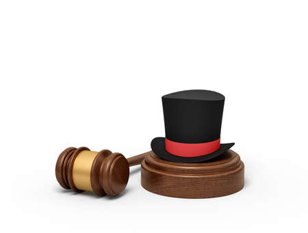 3d rendering of black top hat with red ribbon on sounding block with judge gavel lying beside.の写真素材