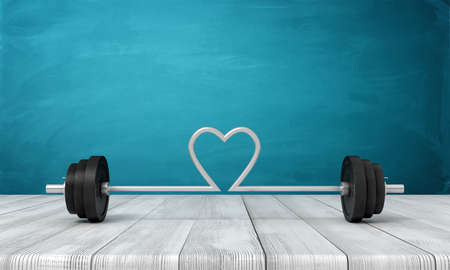 3d rendering of barbell with its bar bent in shape of heart in the middle, on wooden surface near blue wall.の写真素材