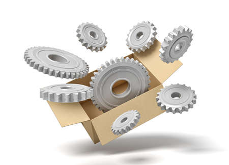 3d rendering of grey metal cogwheels in carton box on blue background.の写真素材