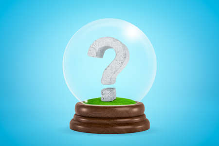 3d rendering of scuffed stone question mark inside glass ball globe on light blue background.の写真素材