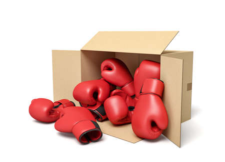 3d rendering of cardboard box lying sidelong full of red boxing gloves.の写真素材